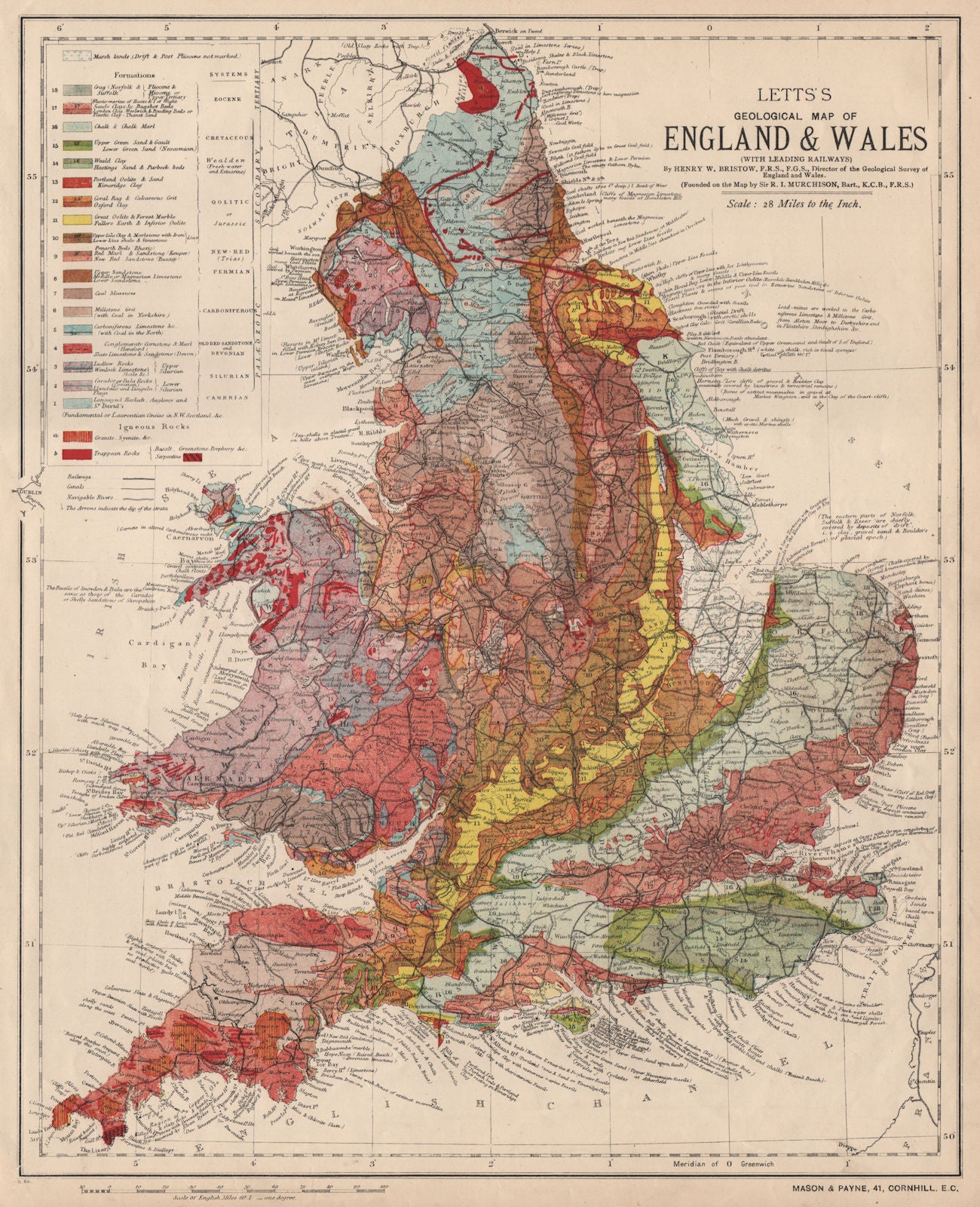 ENGLAND & WALES colour geological Map. LETTS 1889 old antique plan chart
